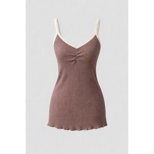 Decree Brown Ribbed Lace Trim Cami Top XL Lettuce Hem V-Neck Sleeveless